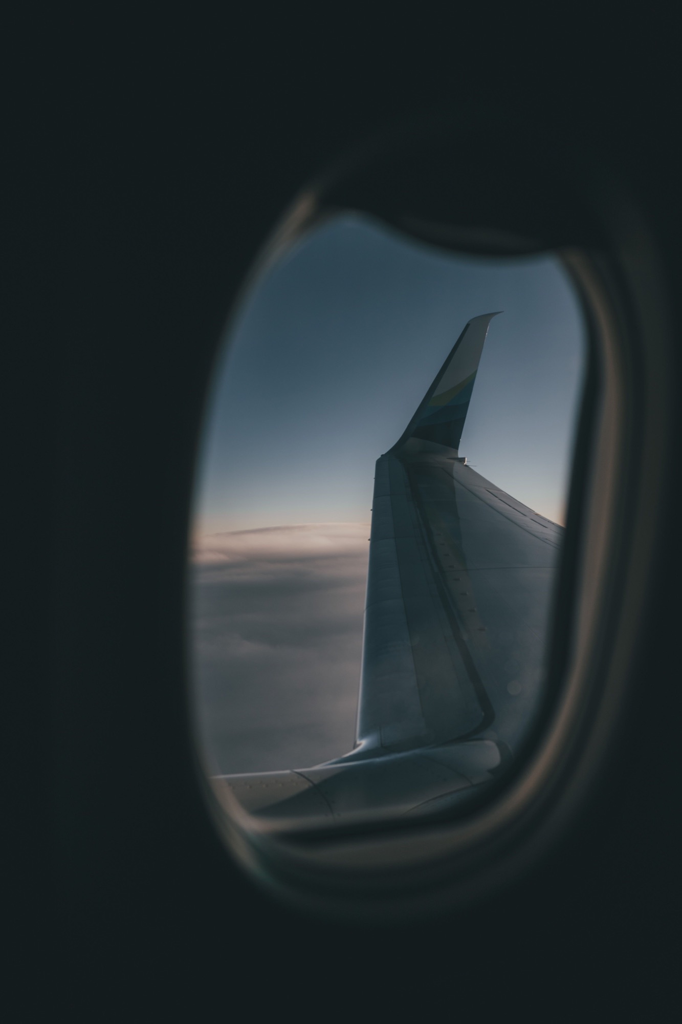 Airplane wing seen through a window