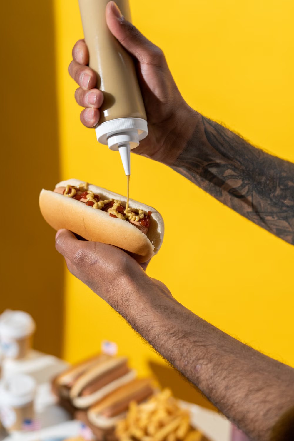 Mustard being added to a hot dog